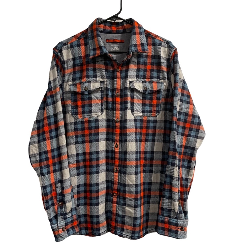 The North Face Men’s Flannel Long Sleeve Shirt Size Large Blue/Orange/Grey.
